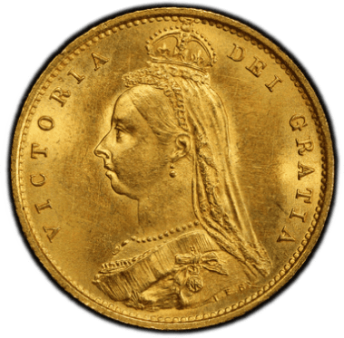 【MS63】1887年 イギリス ヴィクトリア女王 ジュビリーヘッド 1/2ポンド金貨(表)