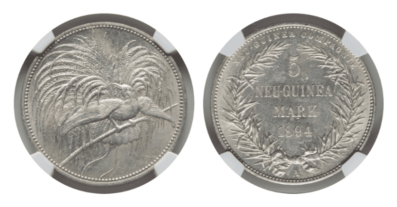 【MS 61】1894年 ドイツ領ニューギニア 極楽鳥 5マルク銀貨