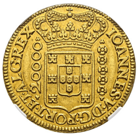 【AU58】1725年 ポルトガル領ブラジル ジョアン5世 20000レイス金貨(表)