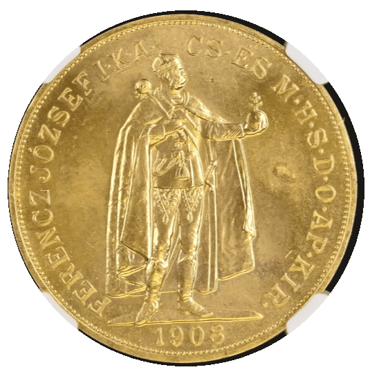 【MS67】1908年 ハンガリー フランツ・ヨーゼフ1世 リストライク 100コロナ金貨(表)