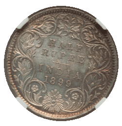 【MS64】1899年 英領インド ヴィクトリア女王 1/2ルピー銀貨(裏)
