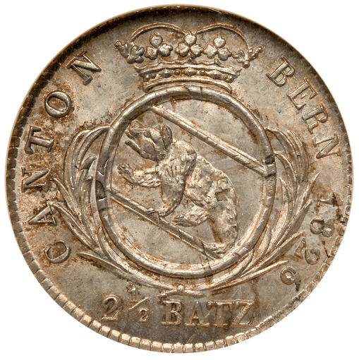 【MS65】1826年 スイス ベルン 2・1/2バッツェン銀貨(表)