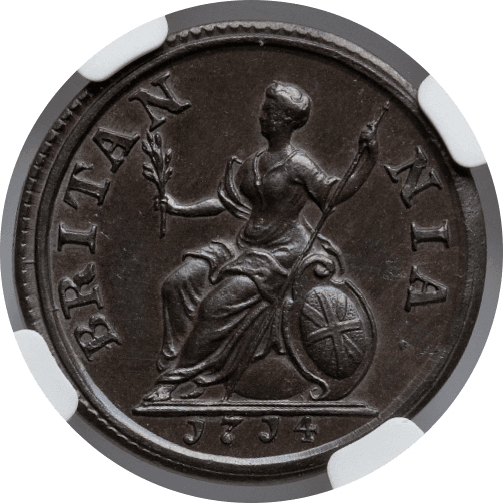 【MS64 BN】1714年 イギリス アン女王 試鋳貨 ファージング(1/4ペニー)銅貨(裏)