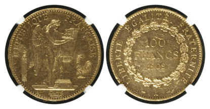 【AU58】1908年A フランス エンジェル 100フラン金貨(表)