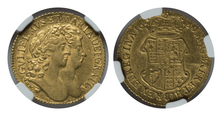 【AU58】1689年 イギリス ウィリアム&メアリー 1ギニー金貨