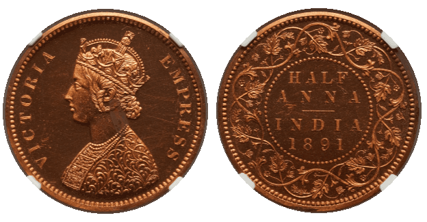 【PF62 RD】1891年 英領インド ヴィクトリア女王 1/2アンナ銅貨