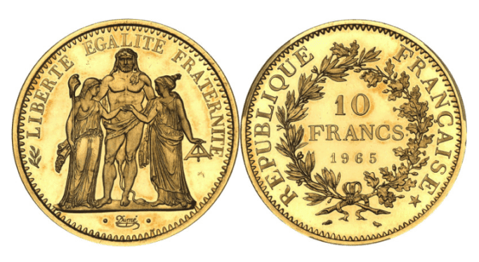 【SP68】1965年 フランス ピエフォー 10フラン 大型金貨(表)