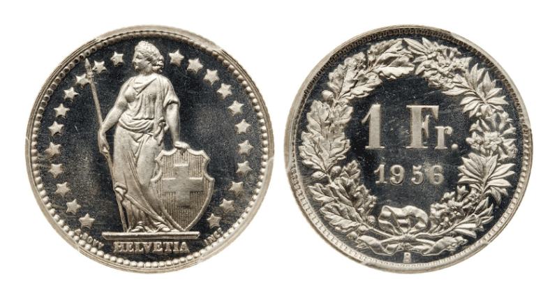 【SP67】1956年 スイス ヘルヴェティア 1フラン銀貨
