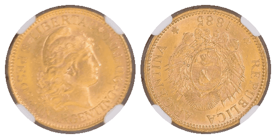 【MS63】1888年 アルゼンチン 5ペソ金貨