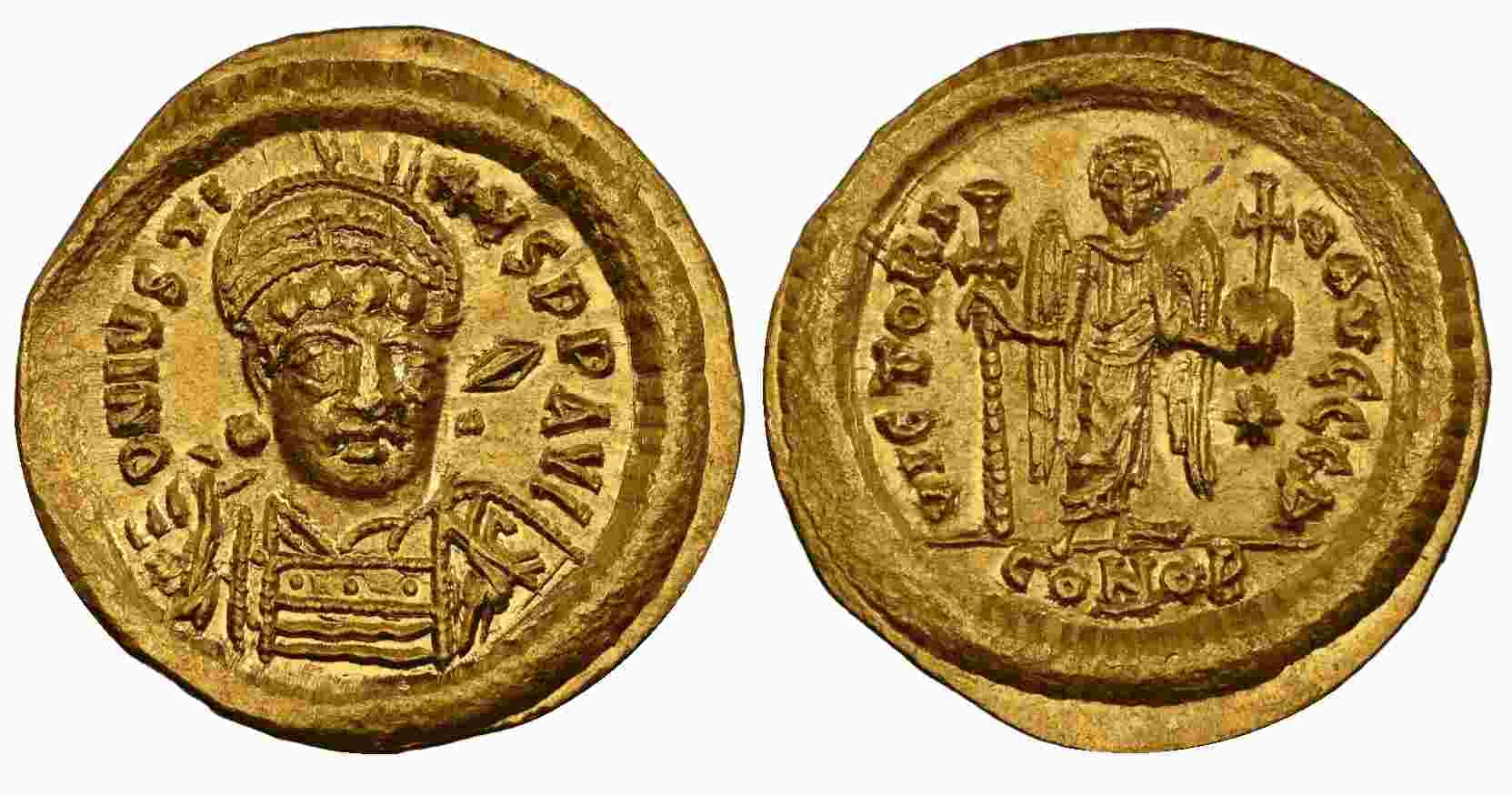 【MS 5/5 4/5】518年?527年 ビザンツ帝国(東ローマ帝国)ユスティヌス1世 ソリダス金貨