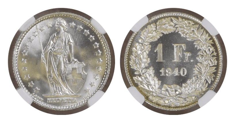 MS66〜MS67】1940年〜1946年 スイス ヘルヴェティア フラン銀貨 ハイ
