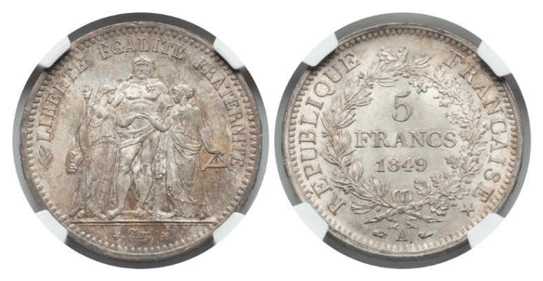 MS65+】1849年 フランス 第二共和政 ヘラクレス 5フラン銀貨